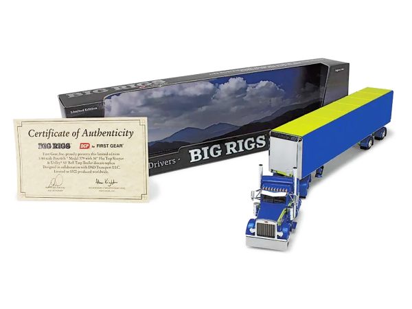 Peterbilt 379 with 36" Flat Top Sleeper and 53' Utility Roll Tarp Trailer "DSD Transport" Blue and Yellow "Big Rigs" Series 1/64 Diecast Model by DCP/First Gear - Image 4