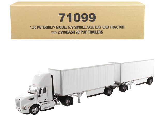 Peterbilt 579 Single Axle Day Cab with Two Wabash 28' Pup Trailers White "Transport Series" 1/50 Diecast Model by Diecast Masters - Image 4