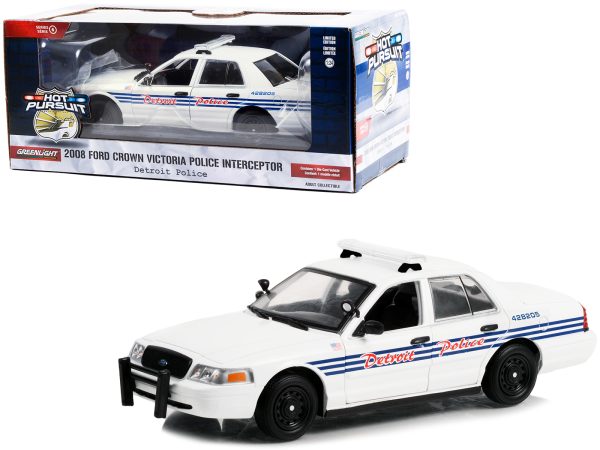 2008 Ford Crown Victoria Police Interceptor White with Blue Stripes "Detroit Police" (Michigan) "Hot Pursuit" Series 1/24 Diecast Model Car by Greenlight - Image 2