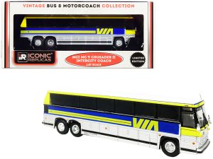 1980 MCI MC-9 Crusader II Intercity Coach Bus "Via Rail" (Canada) Yellow and Silver with Blue Stripes "Vintage Bus & Motorcoach Collection" 1/87 (HO) Diecast Model by Iconic Replicas