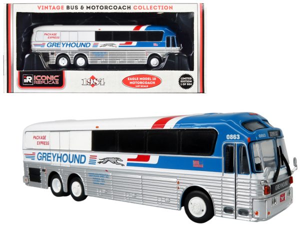 1984 Eagle Model 10 Motorcoach Bus "Greyhound Package Express" White and Blue "Vintage Bus & Motorcoach Collection" Limited Edition to 504 pieces Worldwide 1/87 (HO) Diecast Model by Iconic Replicas - Image 2