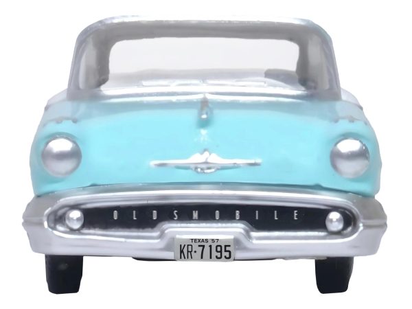 1957 Oldsmobile 88 Convertible (Top-Up) Banff Blue and Alcan White with White 1/87 (HO) Scale Diecast Model Car by Oxford Diecast - Image 4