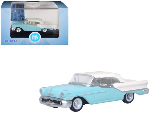 1957 Oldsmobile 88 Convertible (Top-Up) Banff Blue and Alcan White with White 1/87 (HO) Scale Diecast Model Car by Oxford Diecast - Image 3