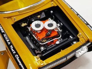 1965 Plymouth AWB (Altered Wheel Base) Gold Metallic with Graphics and Orange-Tinted Windows "UFO" Limited Edition to 636 pieces Worldwide 1/18 Diecast Model Car by ACME