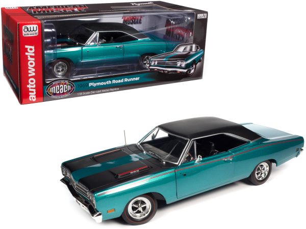 1969 Plymouth Road Runner Seafoam Turquoise Metallic with Black Top and Red Stripes "Muscle Car & Corvette Nationals" (MCACN) 1/18 Diecast Model Car by Auto World - Image 2