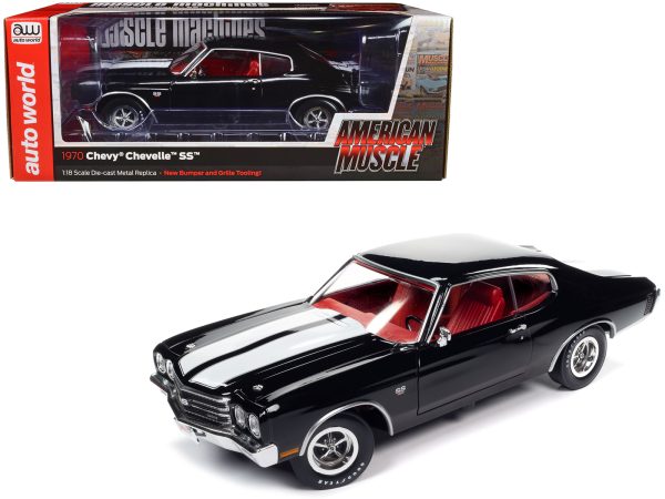 1970 Chevrolet Chevelle SS Tuxedo Black with White Stripes and Red Interior "Hemmings Muscle Machines Magazine Cover Car" (May 2011) "American Muscle" Series 1/18 Diecast Model Car by Auto World - Image 4