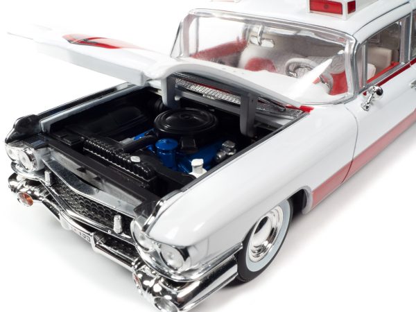 1959 Cadillac Eldorado Ambulance Red and White 1/18 Diecast Model by Auto World - Image 4
