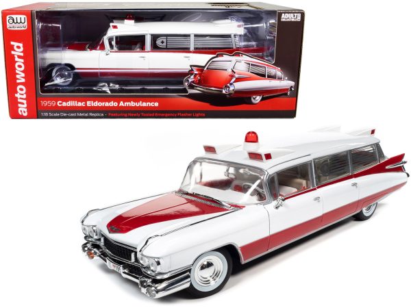 1959 Cadillac Eldorado Ambulance Red and White 1/18 Diecast Model by Auto World - Image 5
