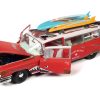 1959 Cadillac Eldorado Ambulance Red with White Top "Malibu Beach Rescue" (Weathered) with Surfboards on Roof "Surf Shark" 1/18 Diecast Model Car by Auto World - Image 5