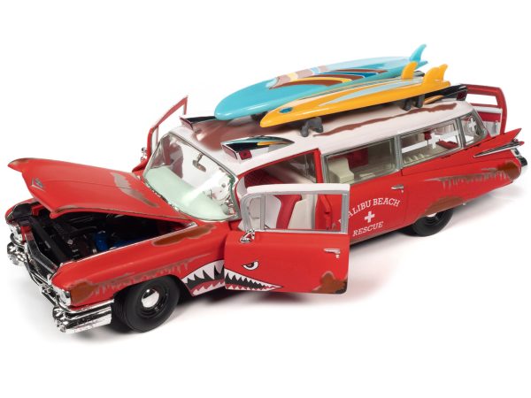 1959 Cadillac Eldorado Ambulance Red with White Top "Malibu Beach Rescue" (Weathered) with Surfboards on Roof "Surf Shark" 1/18 Diecast Model Car by Auto World - Image 5