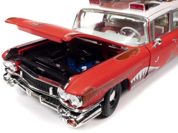 1959 Cadillac Eldorado Ambulance Red with White Top "Malibu Beach Rescue" (Weathered) with Surfboards on Roof "Surf Shark" 1/18 Diecast Model Car by Auto World - Image 3