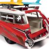 1959 Cadillac Eldorado Ambulance Red with White Top "Malibu Beach Rescue" (Weathered) with Surfboards on Roof "Surf Shark" 1/18 Diecast Model Car by Auto World - Image 4