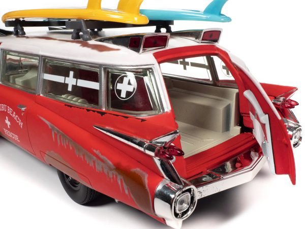 1959 Cadillac Eldorado Ambulance Red with White Top "Malibu Beach Rescue" (Weathered) with Surfboards on Roof "Surf Shark" 1/18 Diecast Model Car by Auto World - Image 4