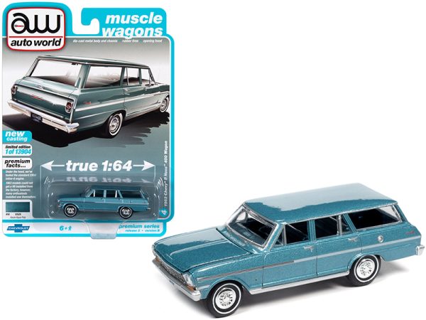 1963 Chevrolet II Nova 400 Station Wagon Azure Aqua Blue Metallic "Muscle Wagons" Limited Edition to 13904 pieces Worldwide 1/64 Diecast Model Car by Auto World