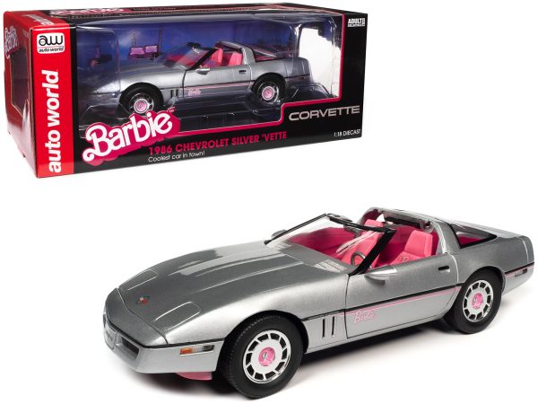 1986 Chevrolet Corvette Convertible Silver Metallic with Pink Interior "Barbie" "Silver Screen Machines" 1/18 Diecast Model Car by Auto World - Image 4