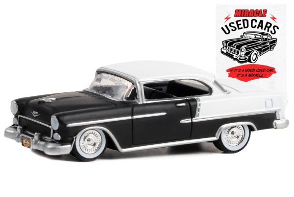 1955 Chevrolet Bel Air Lowrider Matt Black and White "Miracle Used Cars" "Busted Knuckle Garage" Series 2 1/64 Diecast Model Car by Greenlight - Image 2
