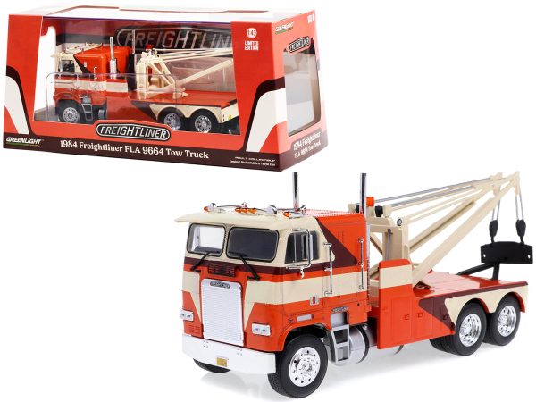 1984 Freightliner FLA 9664 Tow Truck Orange and White with Brown Graphics 1/43 Diecast Model Car by Greenlight - Image 2