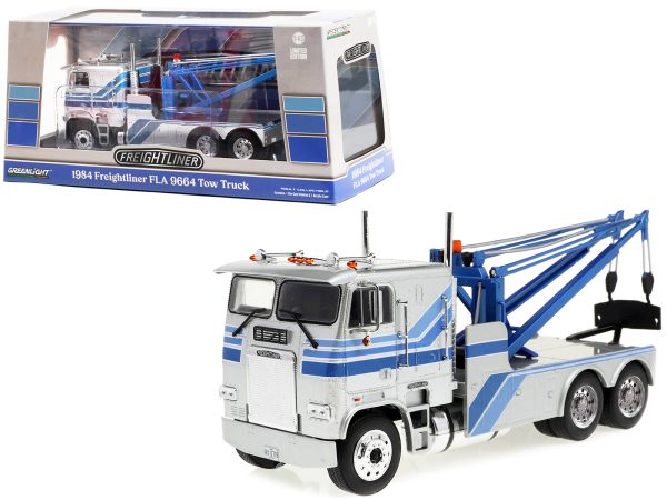 1984 Freightliner FLA 9664 Tow Truck Silver with Blue Stripes 1/43 Diecast Model Car by Greenlight - Image 2