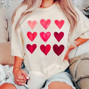 Heart Print Crew Neck Women T-Shirt Casual Short Sleeve Top for Spring & Summer Women's Clothing Female TopsTees
