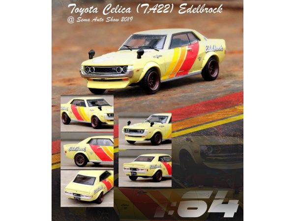 Toyota Celica 1600GT (TA22) Yellow with Stripes (Weathered) "Edelbrock" SEMA Auto Salon (2019) 1/64 Diecast Model Car by Inno Models - Image 2