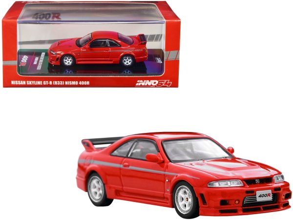 Nissan Skyline GT-R (R33) Nismo 400R RHD (Right Hand Drive) Super Clear Red II with Silver Stripes 1/64 Diecast Model Car by Inno Models - Image 2