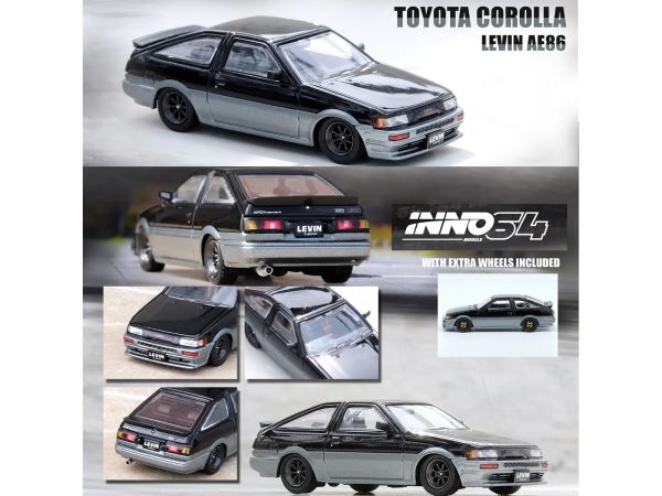 Toyota Corolla AE86 Levin RHD (Right Hand Drive) Black and Gray Metallic 1/64 Diecast Model Car by Inno Models - Image 2