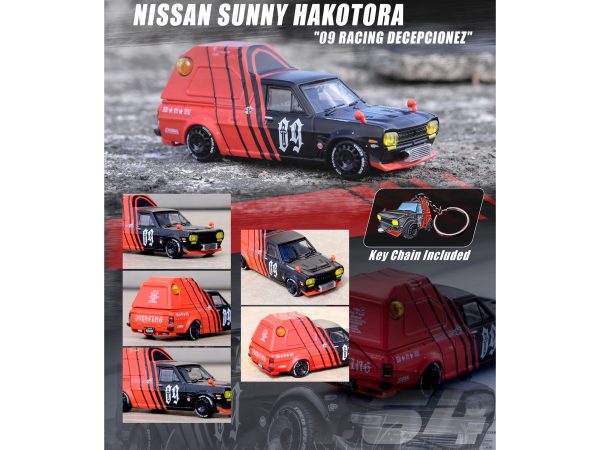 Nissan Sunny "Hakotora" Pickup Truck RHD (Right Hand Drive) #09 with Camper Shell Red and Black "09 Racing #Decepcionez" with Keychain Gift 1/64 Diecast Model Car by Inno Models - Image 5