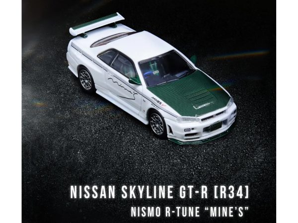Nissan Skyline GT-R (R34) Nismo R-Tune RHD (Right Hand Drive) White with Green Carbon Hood "Tuned by Mine's" 1/64 Diecast Model Car by Inno Models - Image 2