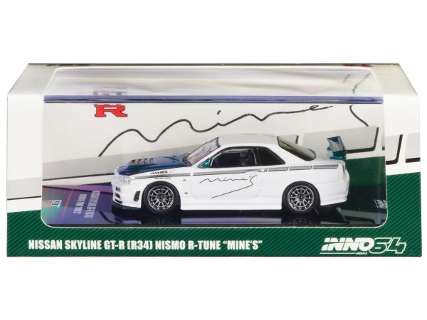 Nissan Skyline GT-R (R34) Nismo R-Tune RHD (Right Hand Drive) White with Green Carbon Hood "Tuned by Mine's" 1/64 Diecast Model Car by Inno Models - Image 3