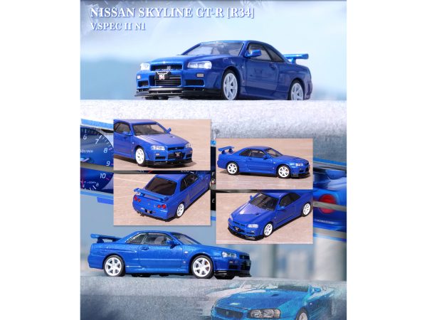 Nissan Skyline GT-R (R34) V-Spec II NUR RHD (Right Hand Drive) Bayside Blue Metallic 1/64 Diecast Model Car by Inno Models - Image 2