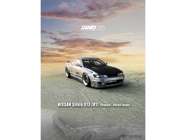 Nissan Silvia S13 (V1) RHD (Right Hand Drive) Silver Metallic with Carbon Hood "Pandem/Rocket Bunny" 1/64 Diecast Model Car by Inno Models - Image 2