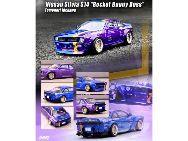 Nissan Silvia (S14) RHD (Right Hand Drive) Blue and Purple Metallic with Yellow Stripe "Tomonori Idekawa's Rocket Bunny Boss" 1/64 Diecast Model Car by Inno Models - Image 2