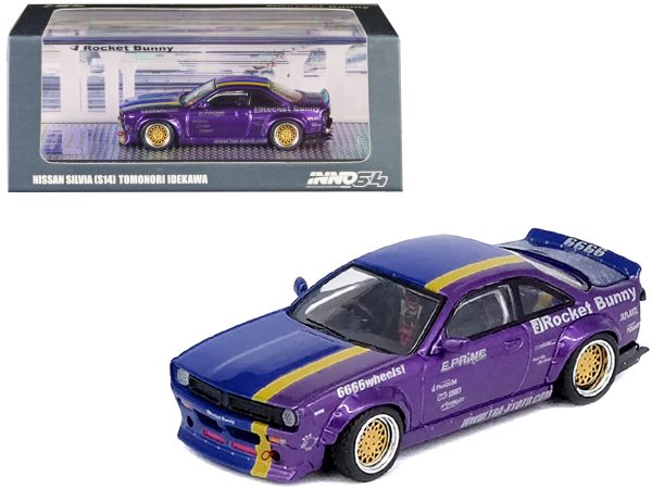Nissan Silvia (S14) RHD (Right Hand Drive) Blue and Purple Metallic with Yellow Stripe "Tomonori Idekawa's Rocket Bunny Boss" 1/64 Diecast Model Car by Inno Models - Image 4