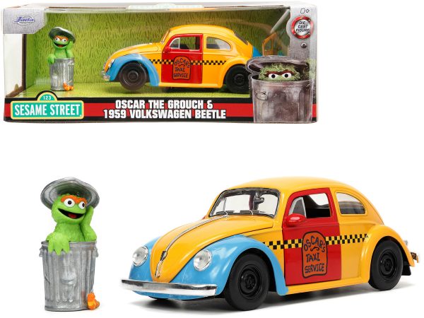 1959 Volkswagen Beetle Taxi Yellow and Blue "Oscar's Taxi Service" and Oscar the Grouch Diecast Figure "Sesame Street" "Hollywood Rides" Series 1/24 Diecast Model Car by Jada - Image 5