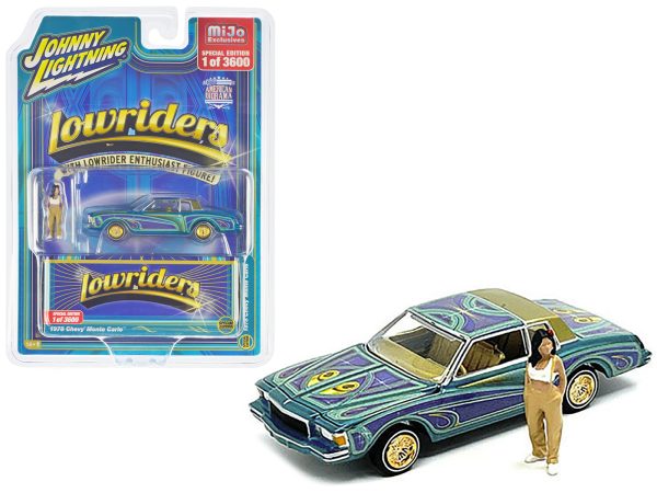 1978 Chevrolet Monte Carlo Lowrider Blue Metallic with Graphics and Gold Metallic Interior with Diecast Figure Limited Edition to 3600 pieces Worldwide 1/64 Diecast Model Car by Johnny Lightning - Image 2
