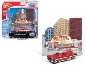 1959 Chevrolet Impala Convertible Red with "Mikeâ€™s Diner" Front Facade Diorama Set "American Snapshots" 1/64 Diecast Model Car by Johnny Lightning