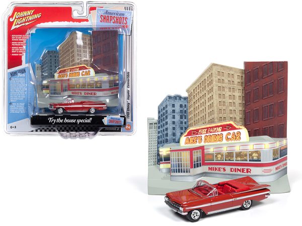 1959 Chevrolet Impala Convertible Red with "Mikeâ€™s Diner" Front Facade Diorama Set "American Snapshots" 1/64 Diecast Model Car by Johnny Lightning
