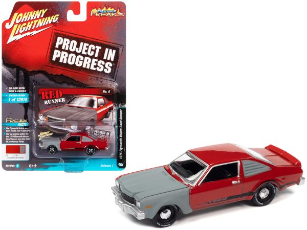 1976 Plymouth Volare Road Runner Bright Red and Primer Gray with Black Stripes "Project in Progress" Limited Edition to 12018 pieces Worldwide "Street Freaks" Series 1/64 Diecast Model Car by Johnny Lightning - Image 2