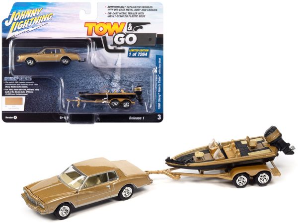1980 Chevrolet Monte Carlo Light Camel Gold Metallic with Bass Boat and Trailer Limited Edition to 7264 pieces Worldwide "Tow & Go" Series 1/64 Diecast Model Car by Johnny Lightning - Image 3