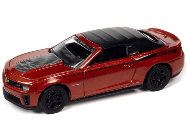 1969 Chevrolet Camaro SS Black with White Stripes and 2013 Chevrolet Camaro ZL1 Convertible Inferno Orange Metallic with Black Top and Stripes "Nickey Chicago" Set of 2 Cars "2-Packs" 2023 Release 1 1/64 Diecast Model Cars by Johnny Lightning - Image 2