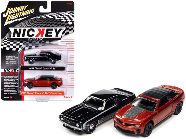 1969 Chevrolet Camaro SS Black with White Stripes and 2013 Chevrolet Camaro ZL1 Convertible Inferno Orange Metallic with Black Top and Stripes "Nickey Chicago" Set of 2 Cars "2-Packs" 2023 Release 1 1/64 Diecast Model Cars by Johnny Lightning - Image 3