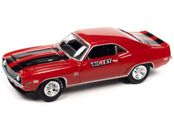1969 Chevrolet Camaro SS Red with Black Stripes and 2013 Chevrolet Camaro ZL1 Convertible Black with Red Stripes and Interior "Nickey Chicago" Set of 2 Cars "2-Packs" 2023 Release 1 1/64 Diecast Model Cars by Johnny Lightning - Image 4