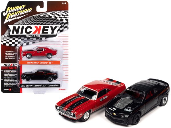 1969 Chevrolet Camaro SS Red with Black Stripes and 2013 Chevrolet Camaro ZL1 Convertible Black with Red Stripes and Interior "Nickey Chicago" Set of 2 Cars "2-Packs" 2023 Release 1 1/64 Diecast Model Cars by Johnny Lightning - Image 3