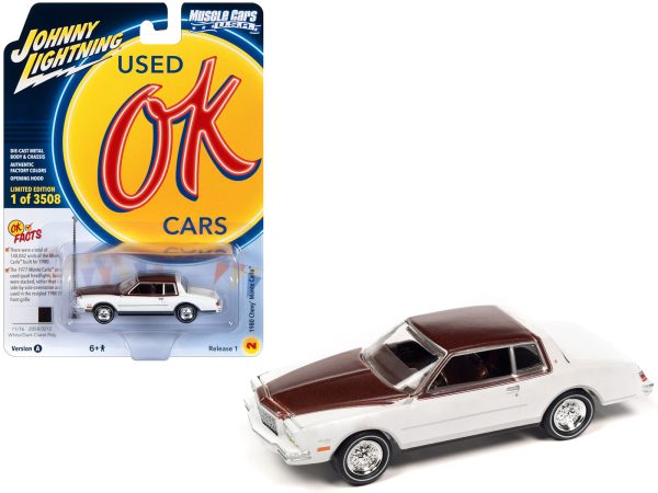 1980 Chevrolet Monte Carlo White and Dark Claret Brown Metallic Top and Hood Limited Edition to 3508 pieces Worldwide "OK Used Cars" 2023 Series 1/64 Diecast Model Car by Johnny Lightning - Image 2