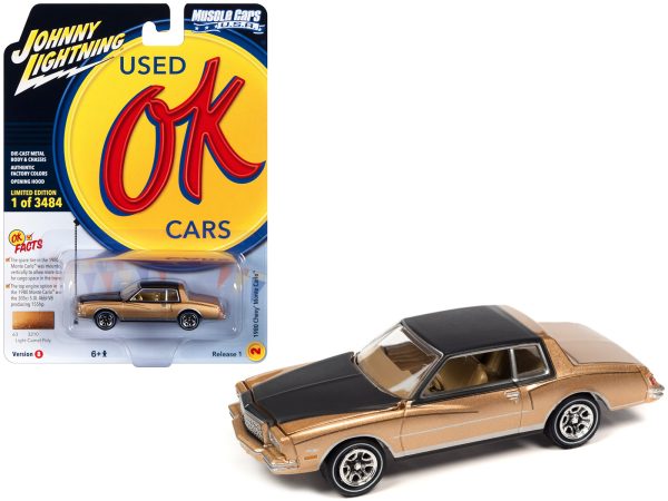 1980 Chevrolet Monte Carlo Light Camel Gold Metallic with Black Top and Hood Limited Edition to 3484 pieces Worldwide "OK Used Cars" 2023 Series 1/64 Diecast Model Car by Johnny Lightning - Image 2