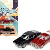 1976 Oldsmobile Cutlass Supreme Red Metallic with White Top and Interior and 1972 Buick Riviera Black "Super Seventies" Set of 2 Cars "2-Packs" 2023 Release 2 1/64 Diecast Model Cars by Johnny Lightning