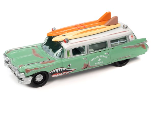 1950 Mercury Woody Wagon Matt Black w/ Wood Panels "Nomad Surf Shop" & 1959 Cadillac Ambulance Teal w/ Surf Shark Graphics & White Top Rusted "Malibu Beach Rescue" "Surf Rods" Set 2 Cars 2-Packs 2023 Release 2 1/64 Diecast Models by Johnny Lightning - Image 2