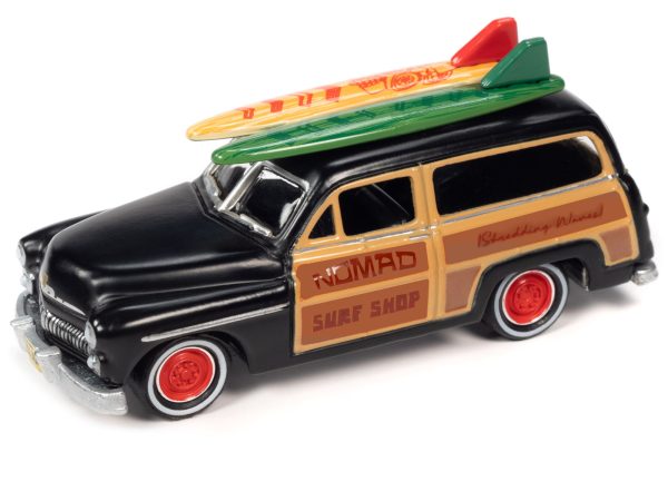 1950 Mercury Woody Wagon Matt Black w/ Wood Panels "Nomad Surf Shop" & 1959 Cadillac Ambulance Teal w/ Surf Shark Graphics & White Top Rusted "Malibu Beach Rescue" "Surf Rods" Set 2 Cars 2-Packs 2023 Release 2 1/64 Diecast Models by Johnny Lightning - Image 3