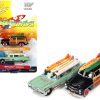 1950 Mercury Woody Wagon Matt Black w/ Wood Panels "Nomad Surf Shop" & 1959 Cadillac Ambulance Teal w/ Surf Shark Graphics & White Top Rusted "Malibu Beach Rescue" "Surf Rods" Set 2 Cars 2-Packs 2023 Release 2 1/64 Diecast Models by Johnny Lightning
