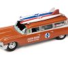 1950 Mercury Woody Wagon Dakota Gray with Wood Panels & Surfboards on Roof & 1959 Cadillac Ambulance Dull Red w/ Surfboards on Roof Cocoa Beach Rescue Patrol Surf Rods "Set of 2" Cars 2-Packs 2023 Release 2 1/64 Diecast Model Cars by Johnny Lightning - Image 2